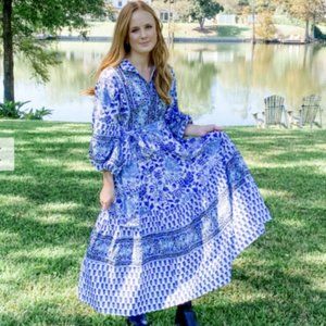 Sue Sartor Flounce Dress, NEW never worn, Chinoiserie Blues XS/S